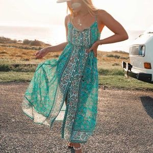 Bohemian Gypsy Mint Green Floral Cami Midi Dress